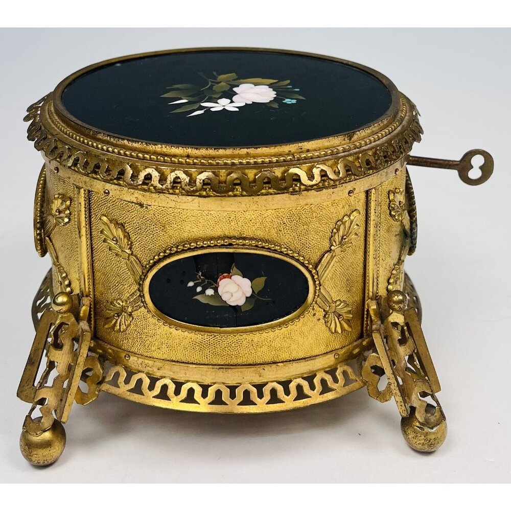 Antique 6.5" Pietra Dura Micromosaic Round Gilt-Bronze JEWELRY BOX w/ Velvet Key - Picture 3 of 12